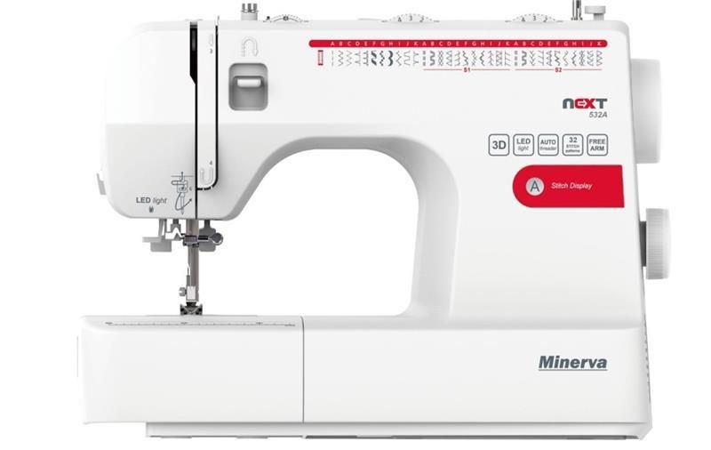Швейна машинка MINERVA NEXT 532A, електромех., 32 швейних операцій, петля автомат, 85Вт, білій+червоний NEXT532A фото