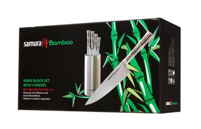 Набір З 4-х Кухонних Ножів (Овочевий, Універсальний, для Тонку Нарізки, Шеф) і Підставки Samura Bamboo 88, SBA-05 фото
