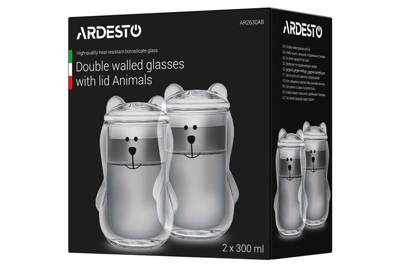 Набір чашок с кришкою Ardesto Animals з подвійними стінками, 300 мл, 2 од., боросилікатне скло AR2630AB фото
