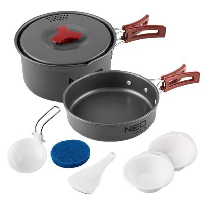 Набір посуду туристичного Neo Tools, 7в1, каструля, сковорода, 2 тарілки, половник, лопатка, губка, сертифікат 63-146 фото