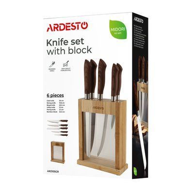 Набір ножів з блоком ARDESTO Midori, 6 предметів, нержавіюча сталь, пластик, бамбук, коричневий AR2105GR AR2105GR фото