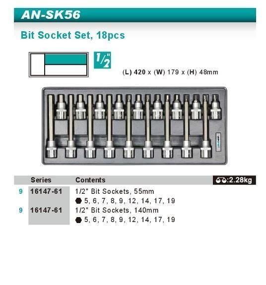 Набір головок зі вставкою Hex 1/2" Н5-Н19 18од Whirlpower AN-SK56 AN-SK56 фото