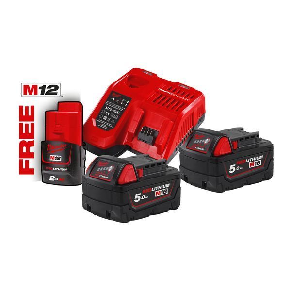 Енергокомплект Li-Ion MILWAUKEE, M18 NRG-502 (зарядний пристрій M12-18 FC, 2 акумулятори М18 В5 5Аг) + подарунок акумулятор M12 4933459217 фото