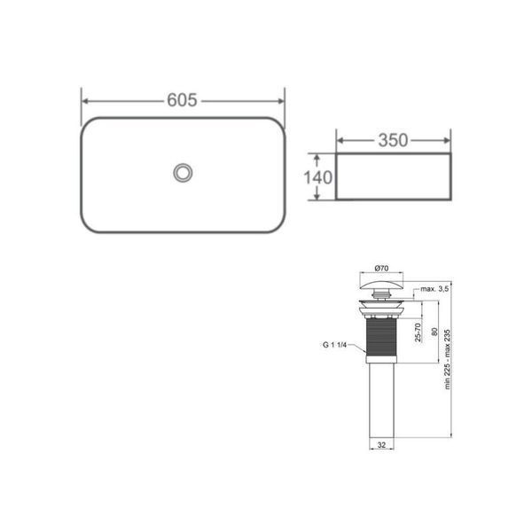 Комплект Qtap Tern: Раковина накладна прамокутна 610x350x135 мм WHITE + Донний клапан PU02 SD00053428 фото