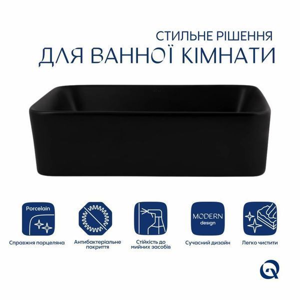 Комплект Qtap Tern: Раковина накладна прамокутна 480х370х135 мм Matt Black + Донний клапан PU03 SD00053424 фото