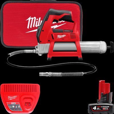 Шприц для змащування акумуляторний MILWAUKEE, M12 GG-401B (зарядний пристрій, 1 акумулятор М12 В4 4Ач, алюмінієва туба, сумка) 4933441675 фото