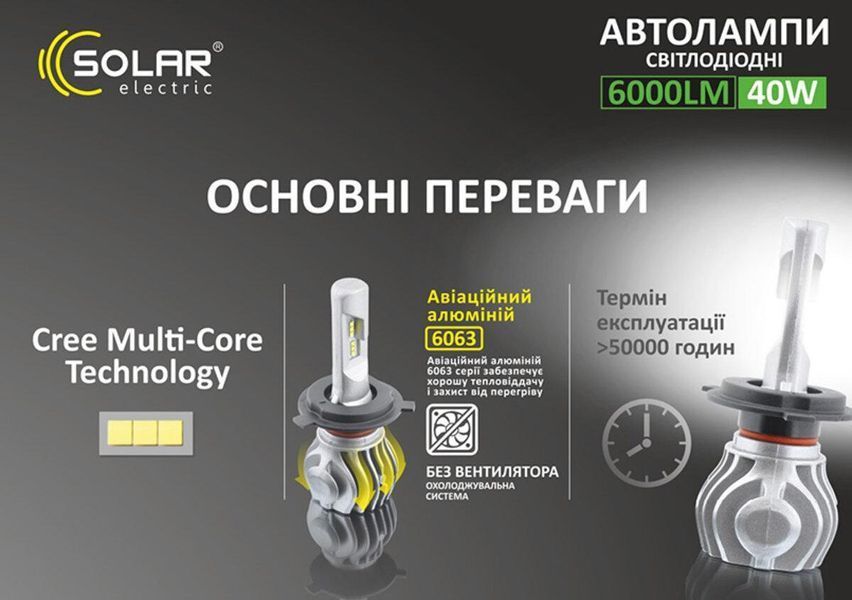 LED автолампа Solar H7 12/24V 6500K 6000Lm 40W Cree Chip 8607(L) фото