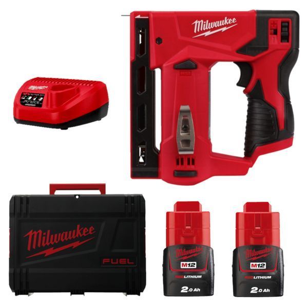 Степлер акумуляторний MILWAUKEE, M12 BST-202X (зарядний пристрій С12 С, 2 акумулятори М12 В2 2Аг, кліпса для ременя, HD кейс) 4933459635 фото