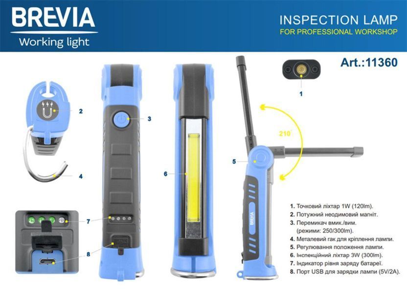Ліхтар інспекційний Brevia LED Ultra-slim 3W COB+1W LED 300lm, 2000mAh, microUSB 11360(L) фото