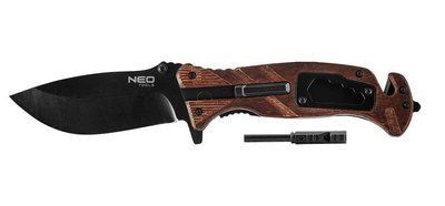 Ніж складаний Neo Tools, 6в1, 220 мм, лезо 90 мм, кремінь, свисток, гайковий ключ, лопатка для ременя, склобій 63-107 63-107 фото