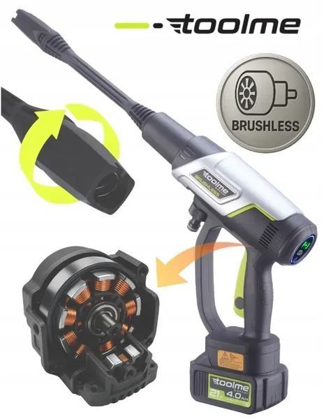 Акумуляторна мийка високого тиску Toolme TM280 PRO BRUSHLESS 450 Вт з алюмінієвою помпою 2 АКБ 21В піногенератор (Польща) TM280 фото