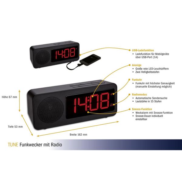 Настільний годинник з FM-радіо та USB зарядкою TFA “TUNE” (60254601) 60254601 фото