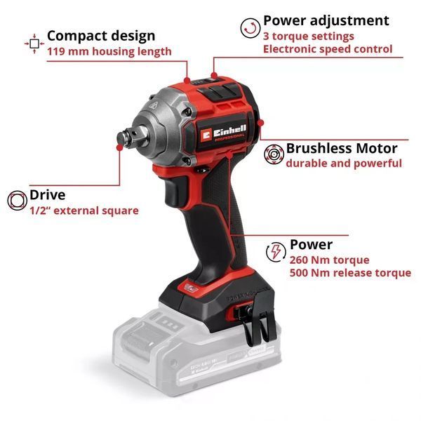Акумуляторний ударний гайковерт Einhell Professional TP-CW 18/260-C Li BL-Solo 4510090 4510090 фото