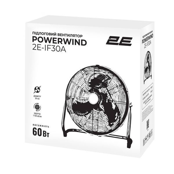 Вентилятор підлоговий 2E PowerWind 30A професійний 30см 60Вт кнопки двигун алюміній 100% чорний 2E-IF30A 2E-IF30A фото