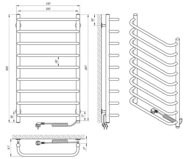 Схема - Электрический полотенцесушитель Laris Стандарт П9 500 х 900 Э (подкл. справа)